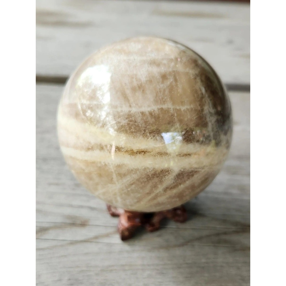 Medium Peach Moonstone Sphere with Carved Wood Stand